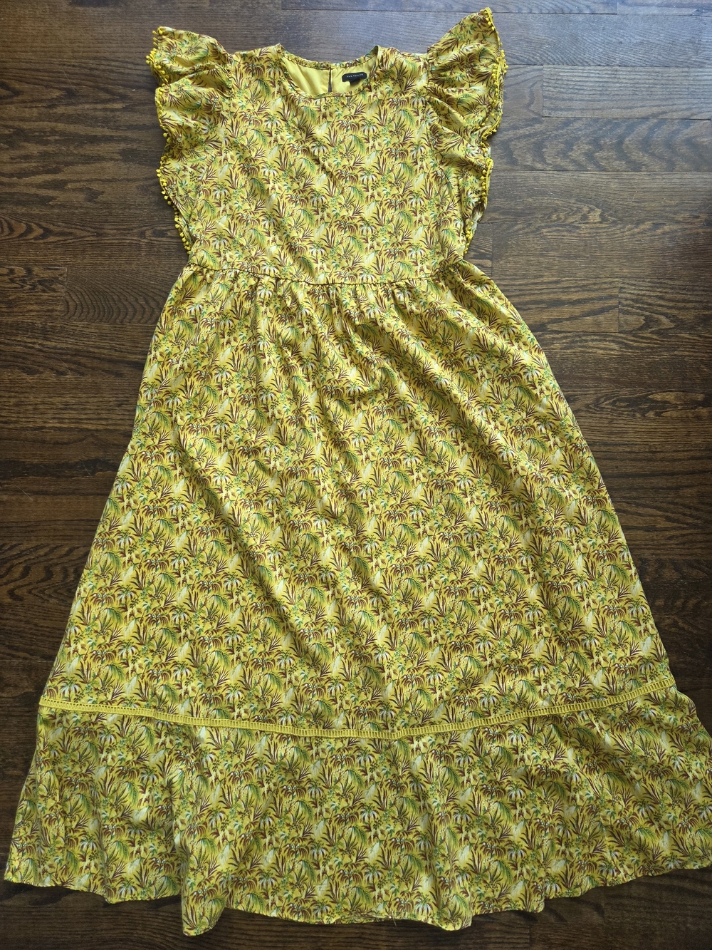 Ann‎ Taylor Palm Tree Yellow Floral Flutter Sleeve Lyocell Cotton Dress